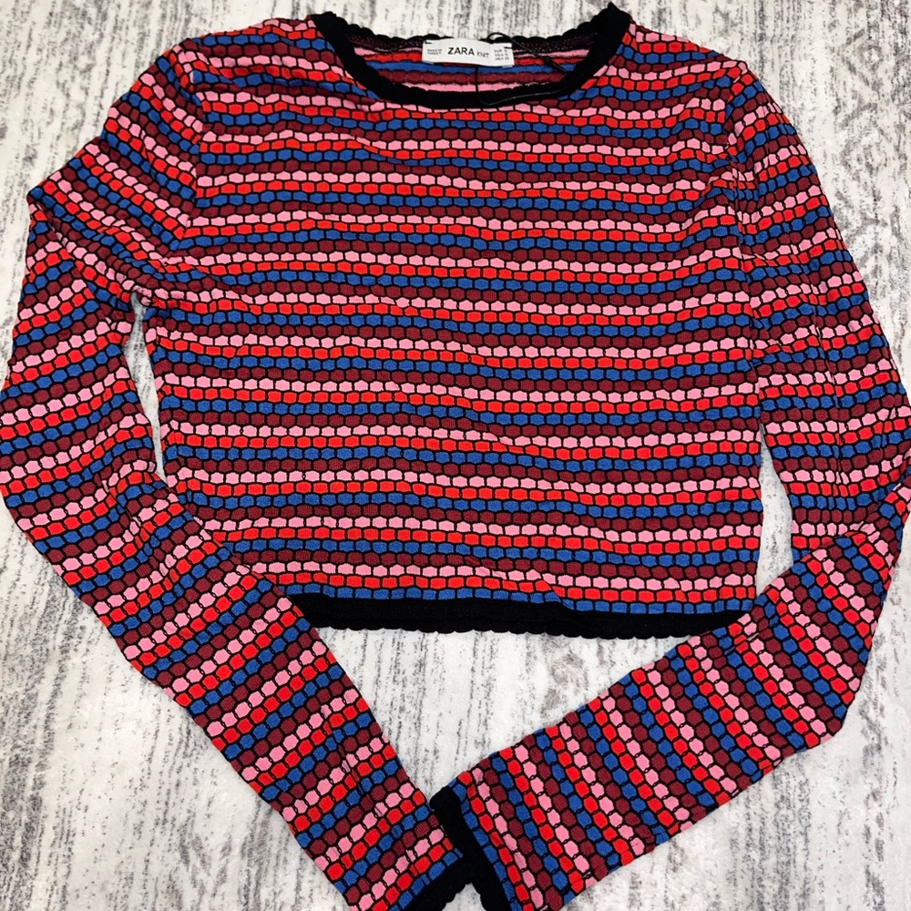 Zara Red and Blue Striped Long Sleeve Top